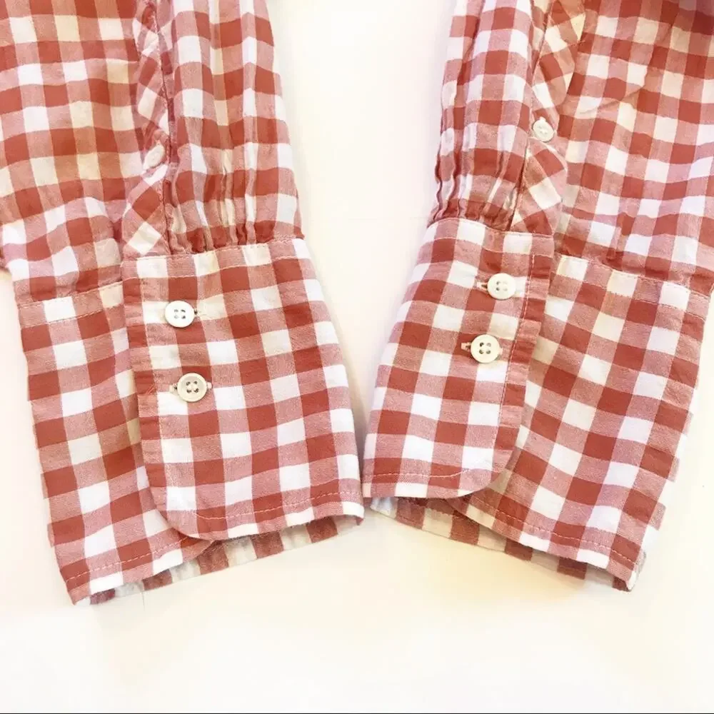 J.Crew Tie-Front Gingham Stretch Cotton Shirt Brick Rust Red Long Sleeve Size 10